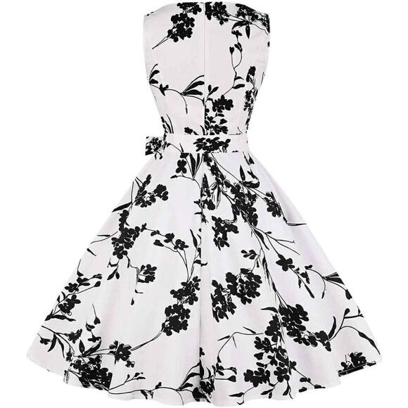 🖤🤍 Pinup Retro Vintage 1950s Floral White Rockabilly Dress w/Belt NEW L - Picture 2 of 15